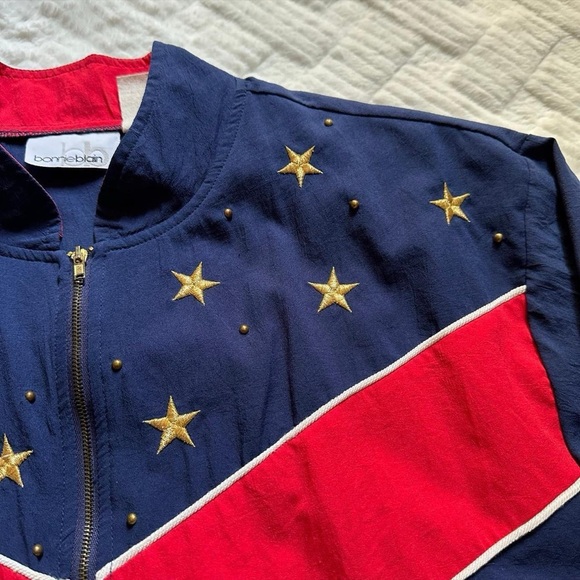 Vintage 1990s Navy Windbreaker Bomber Jacket with Red Chevron & Gold Stars L - Picture 4 of 6